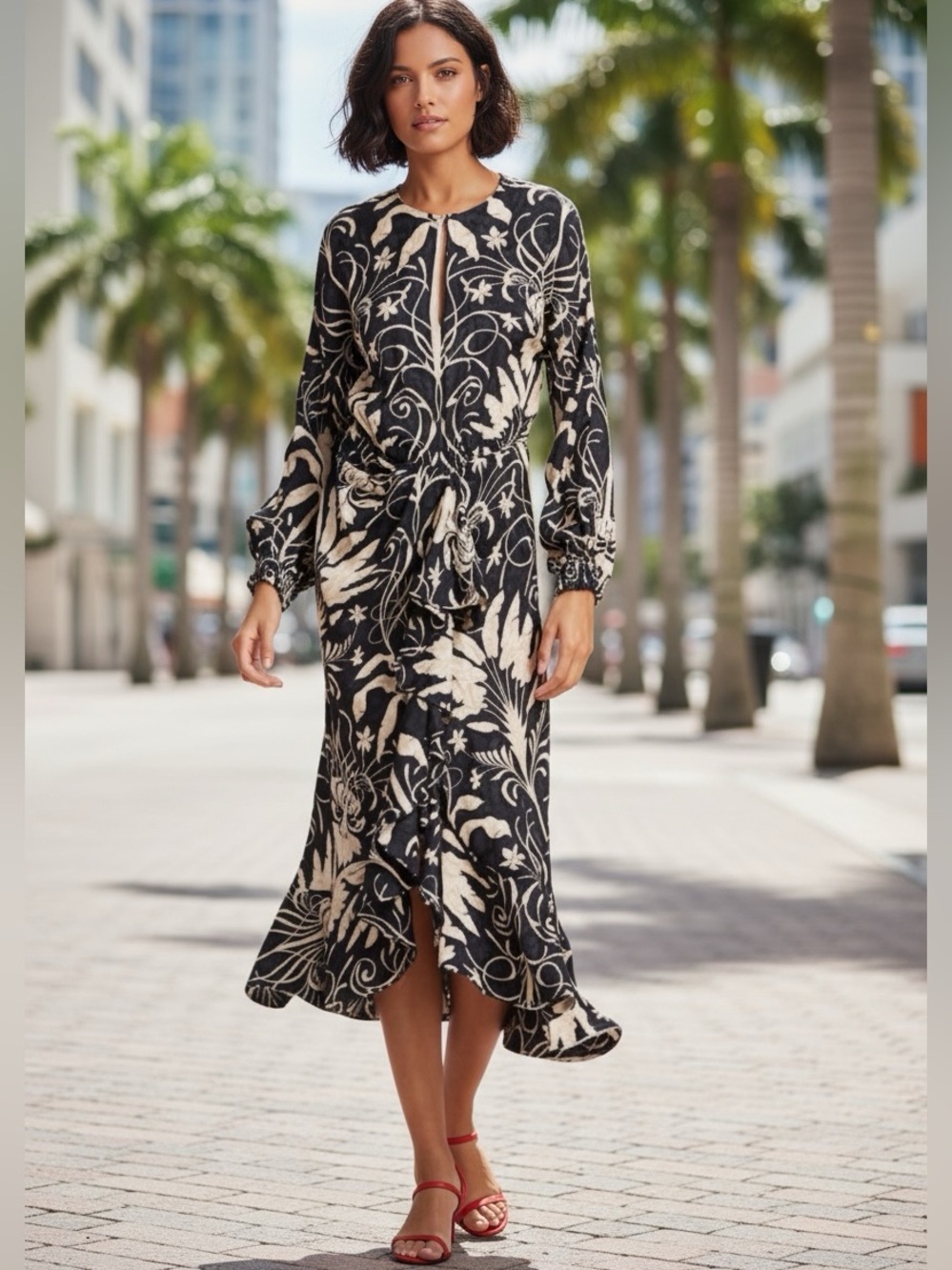 Johanna Ortiz Black / Cream Midi Dress boho - Picture 1 of 8